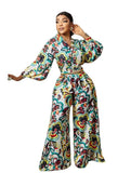 V-neck Printed High Waist Wide Leg Straight Jumpsuit - Nioor