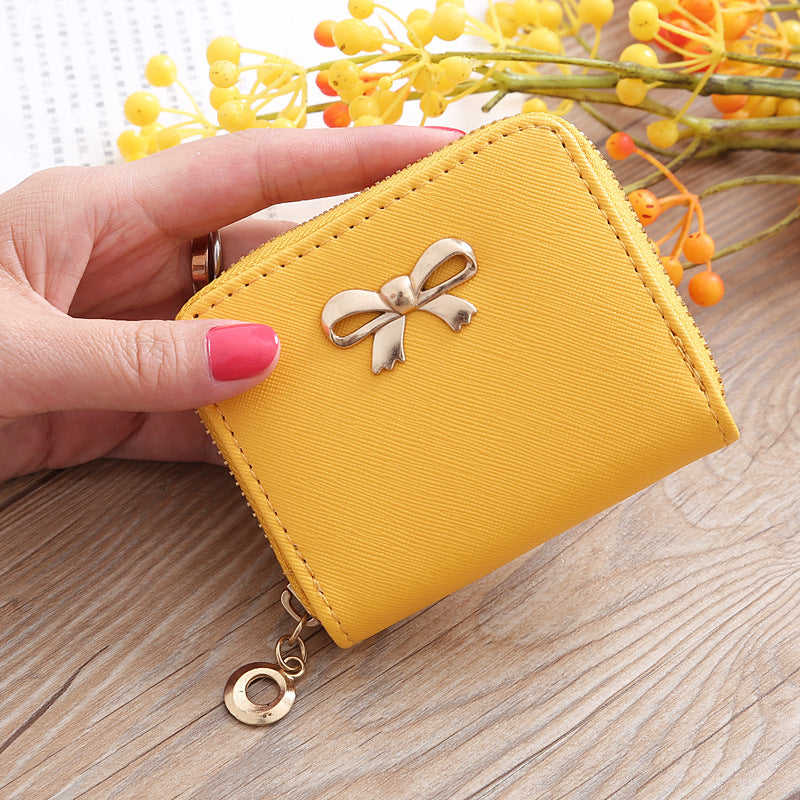 New Solid Color Bow Women's PU Leather Zipper Wallet