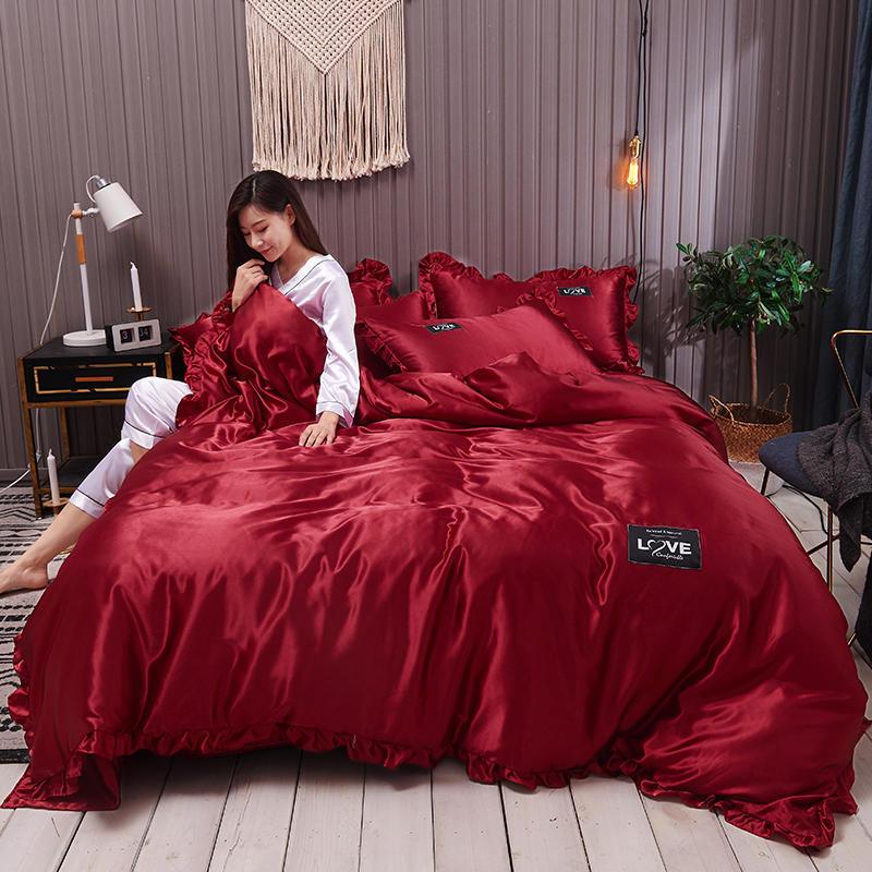 Pure Color Washed Silk Bed Sheet Ice Silk Four-piece Bed Sheet Duvet Cover - Nioor