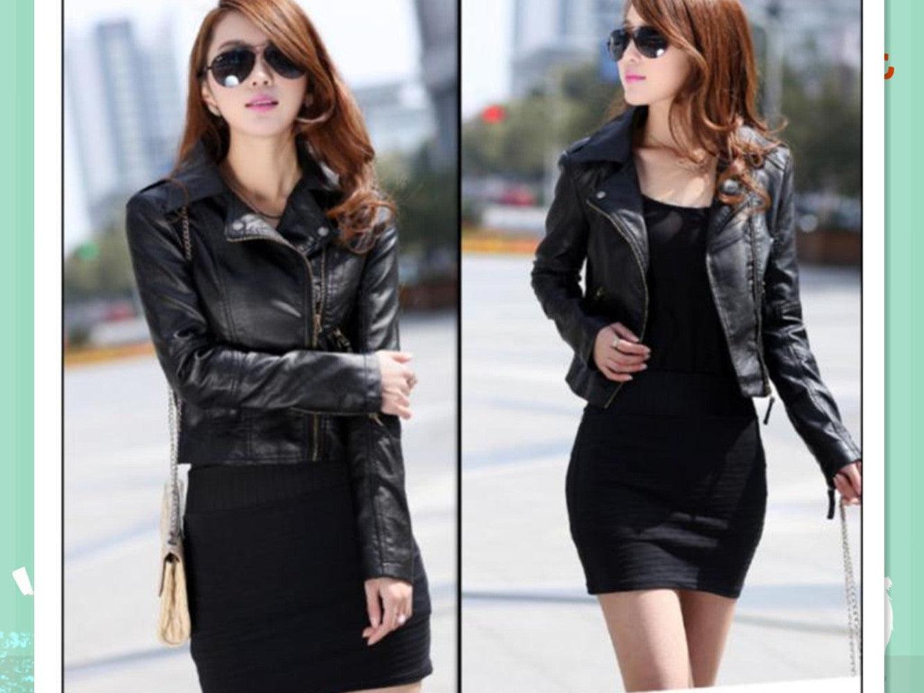 Women's PU Leather Jacket Women's Short Slim Small Coat - Nioor