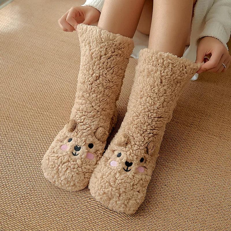 Cute Cartoon Bear Fuzzy Socks For Women, Comfortable Winter Soft Warm Slipper Socks, Casual Sleep Socks For Indoor Women's Fuzzy Socks Winter Warm Fluffy Soft Slipper Home Sleeping Cute Animal Socks - Nioor