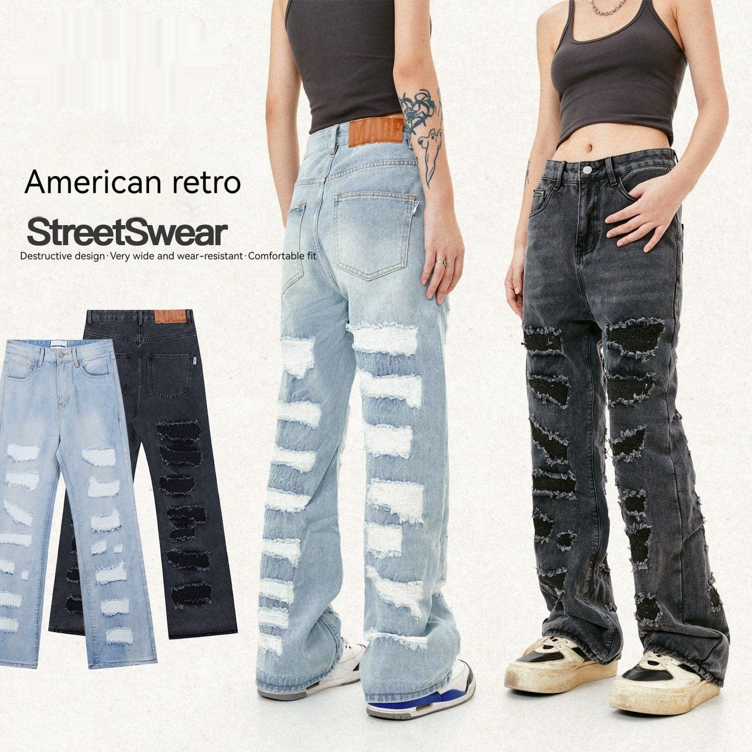 Street Men's Wear Washed Distressed Cat Beard Casual Pants Destroyed Tassel Straight Jeans - Nioor