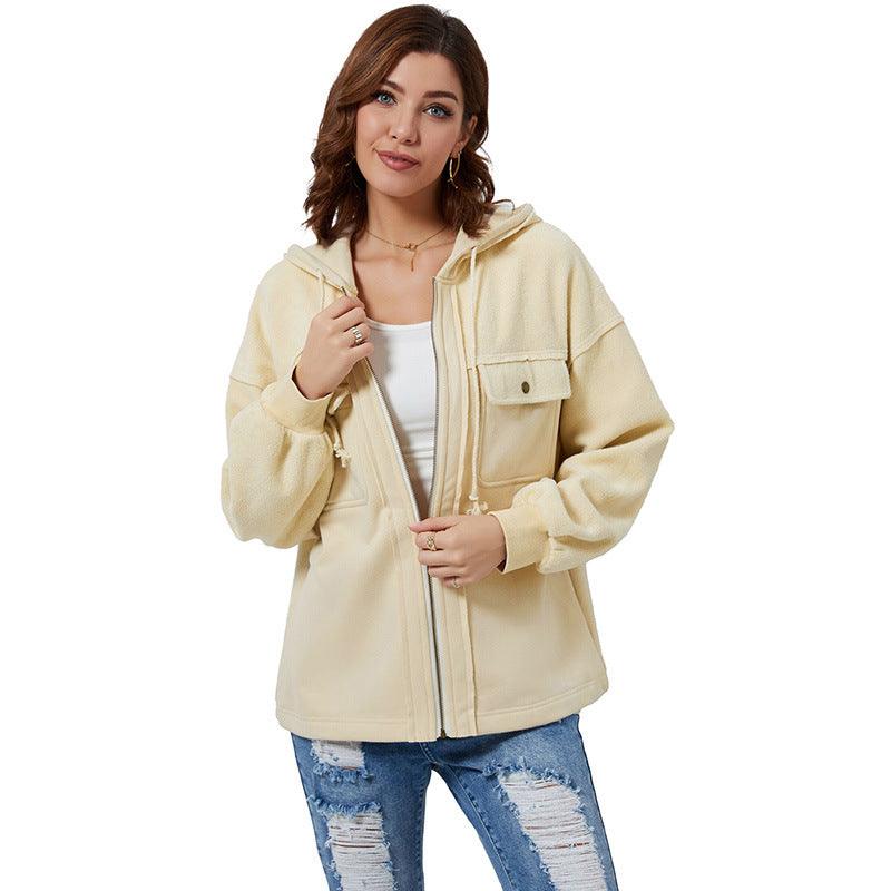 Women's Brushed Plush Hooded Pocket Jacket Coat - Nioor