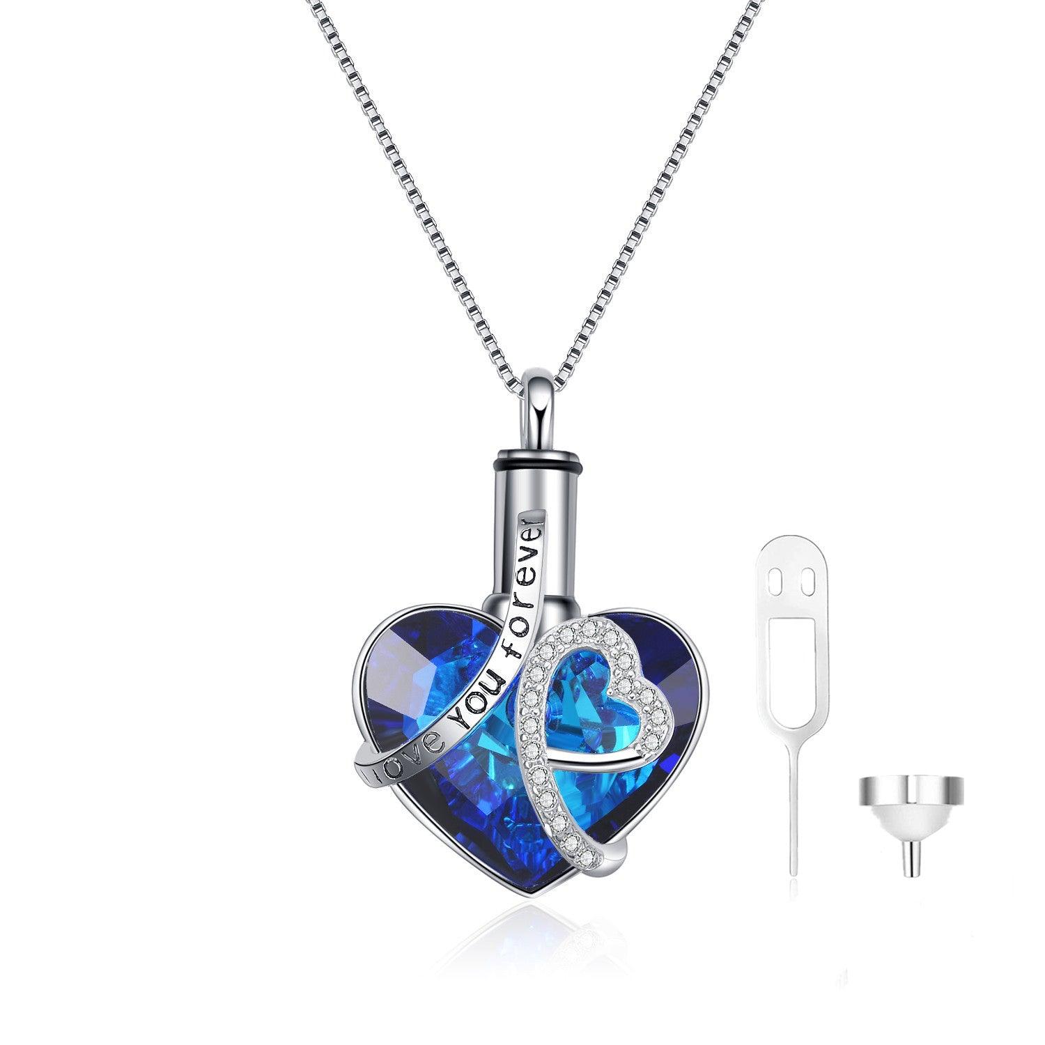 Crystal from Austria Heart Urn Cremation Keepsake Necklace in White Gold Plated Sterling Silver - Nioor