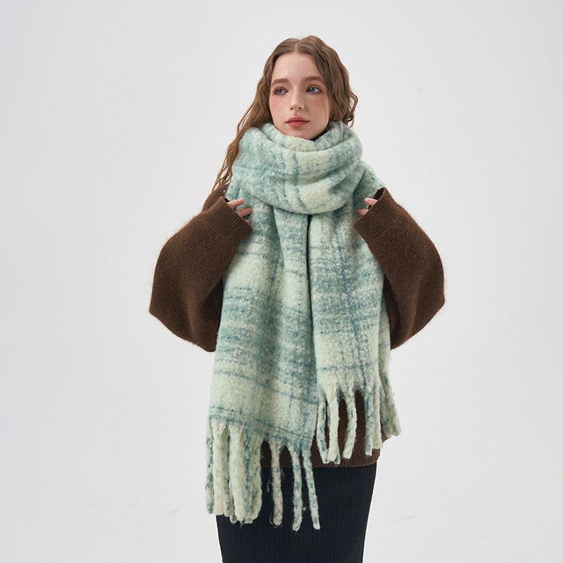 Women's White And Green Plaid Scarf - Nioor