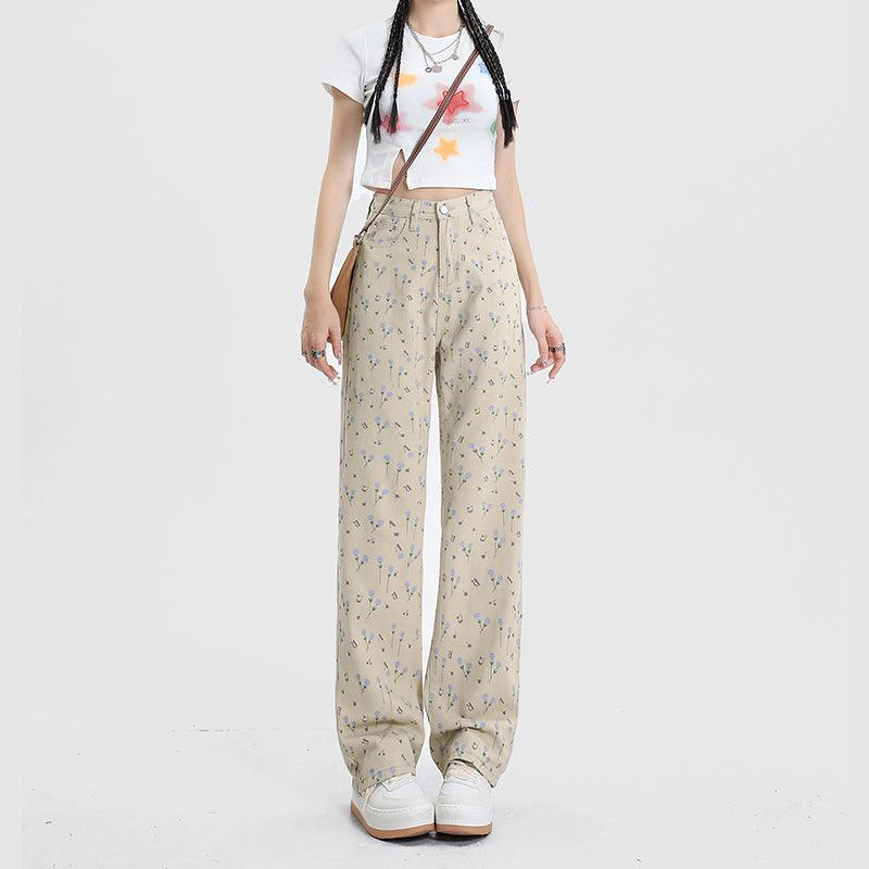 Vintage Floral High Waist Jeans Women's Wide Leg Straight Casual Pants - Nioor