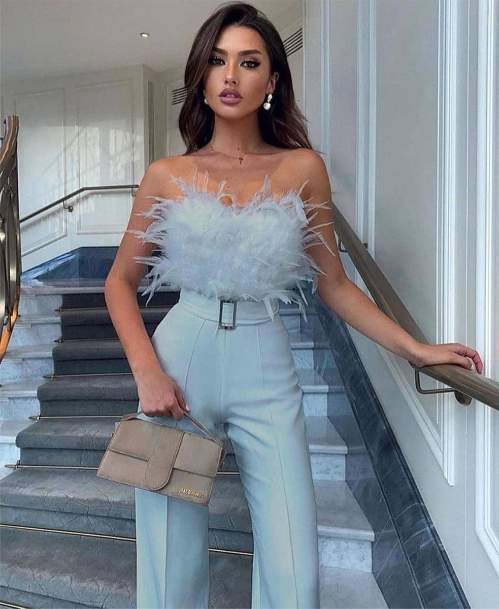 Feather Tube Top Fashion Jumpsuit - Nioor