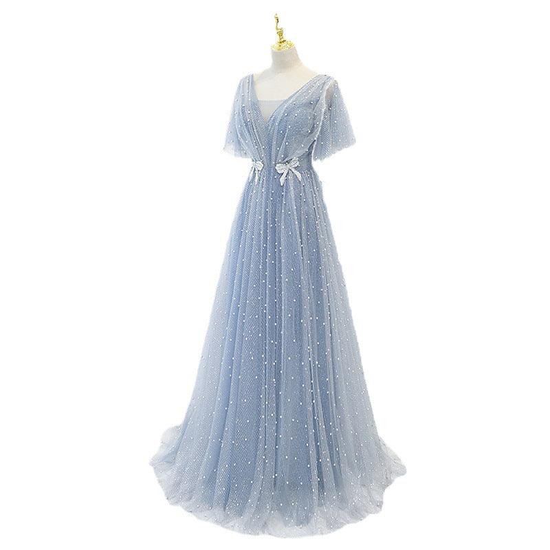 Evening Dress Female Elegant Temperament Host V-neck Super Fairy Thin Long Style - Nioor