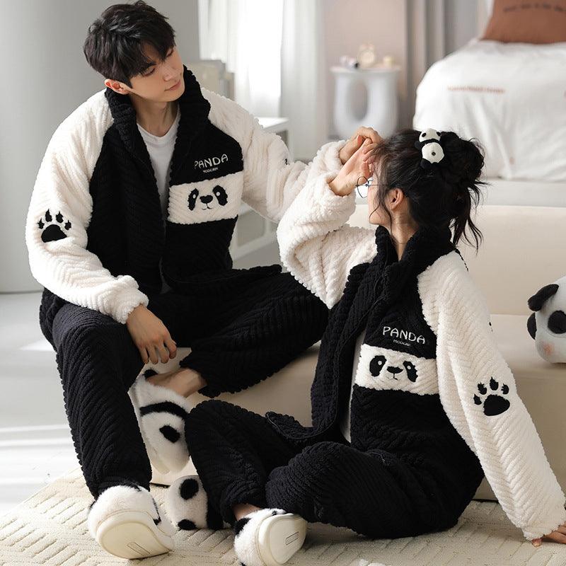 Flannel Couple Pajamas Men's Autumn And Winter Thickened Keep Warm New Zipper Cardigan Cute Coral Fleece Homewear - Nioor