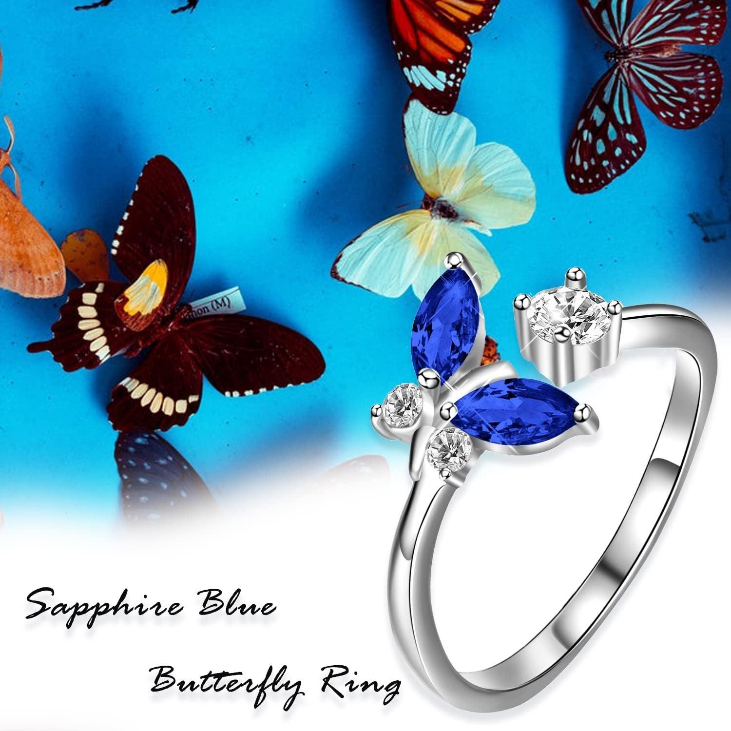 925 Sterling Silver Butterfly Ring with Sapphire Blue Crystal - Nioor