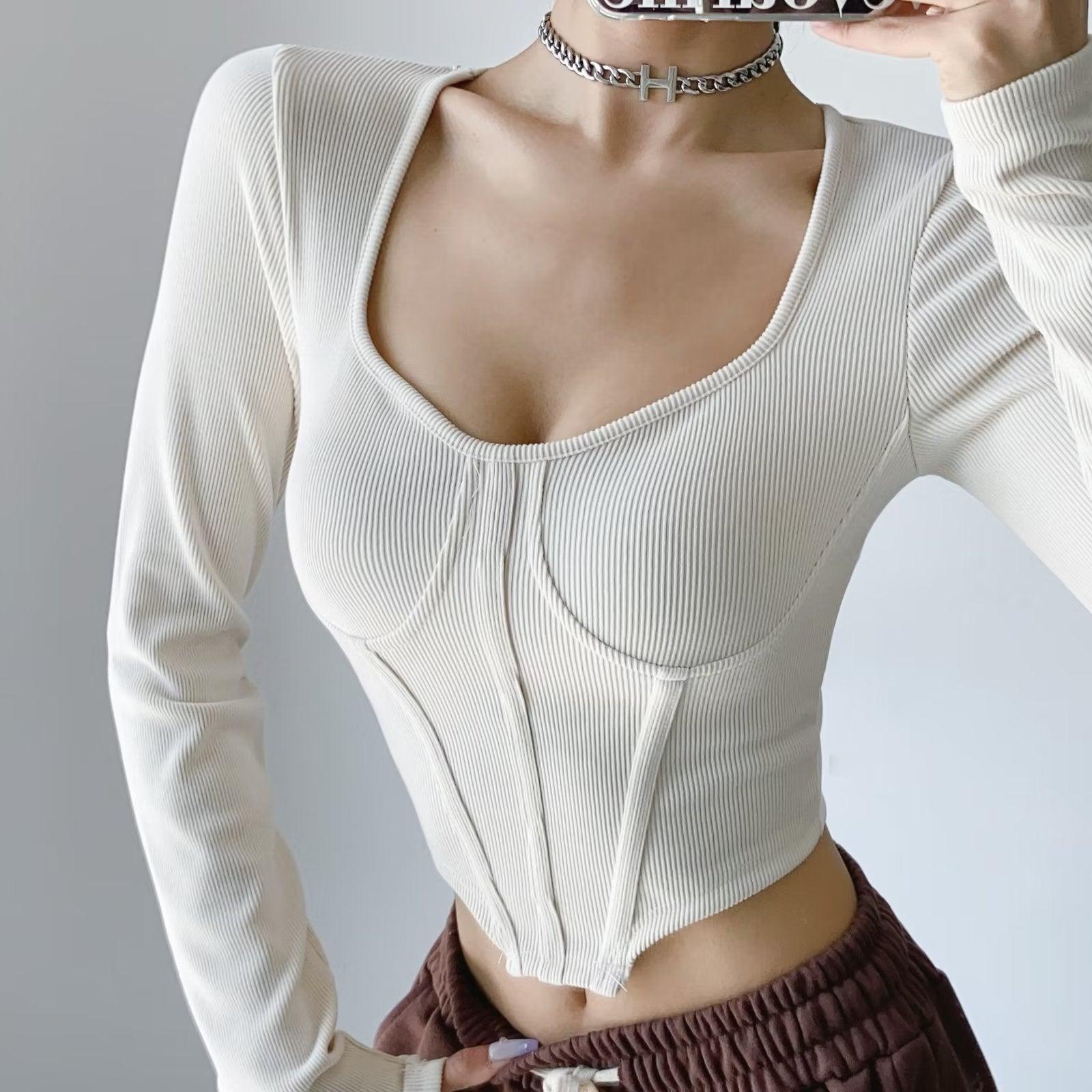 Fish Bone Low Neck Autumn New Slim Short Open Waist Top - Nioor