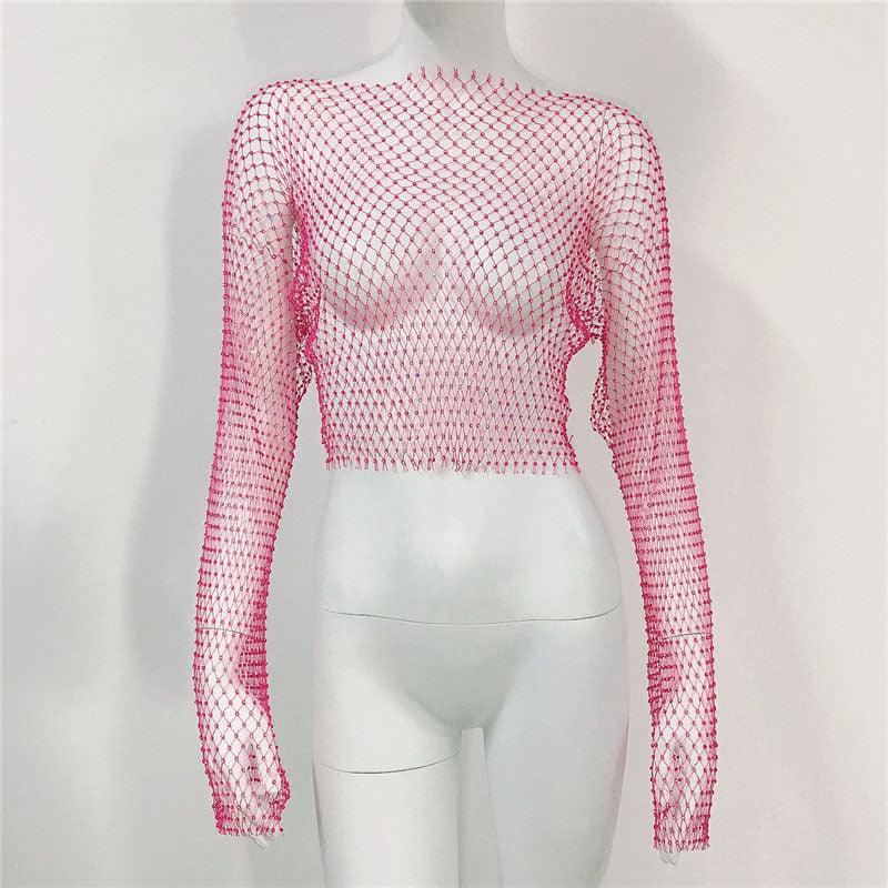 Fishnet Long Sleeve Top Mesh Rhinestone - Nioor