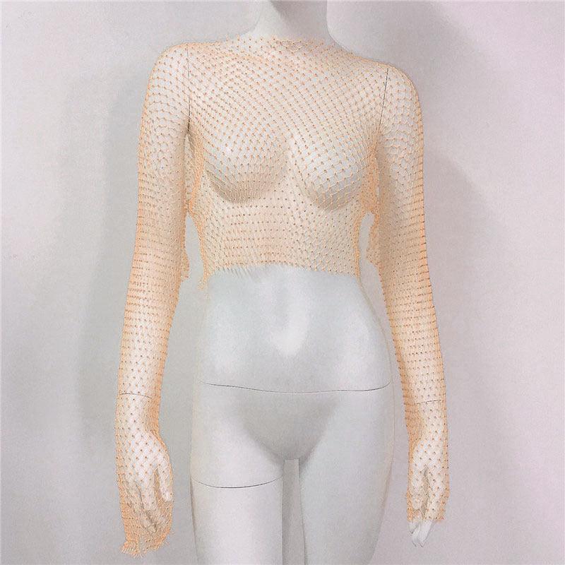 Fishnet Long Sleeve Top Mesh Rhinestone - Nioor