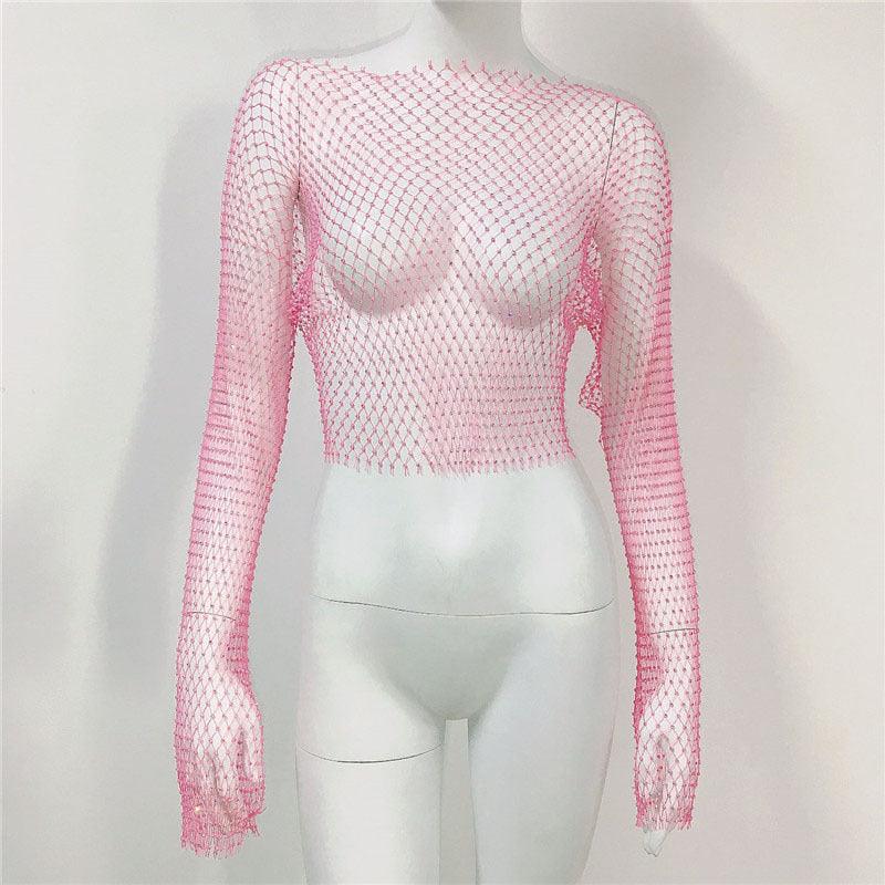 Fishnet Long Sleeve Top Mesh Rhinestone - Nioor