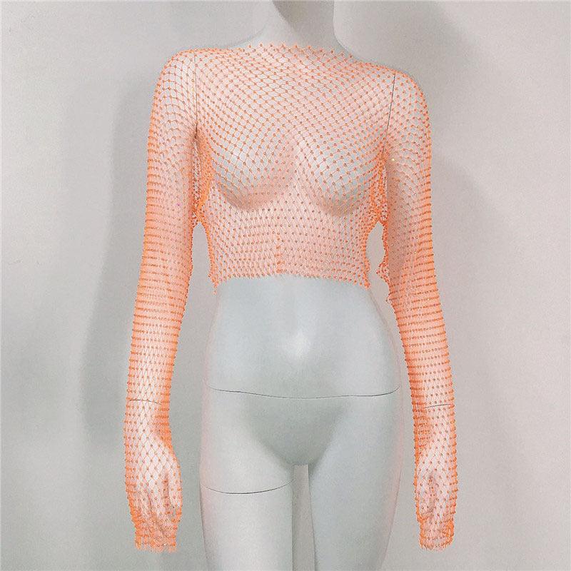 Fishnet Long Sleeve Top Mesh Rhinestone - Nioor