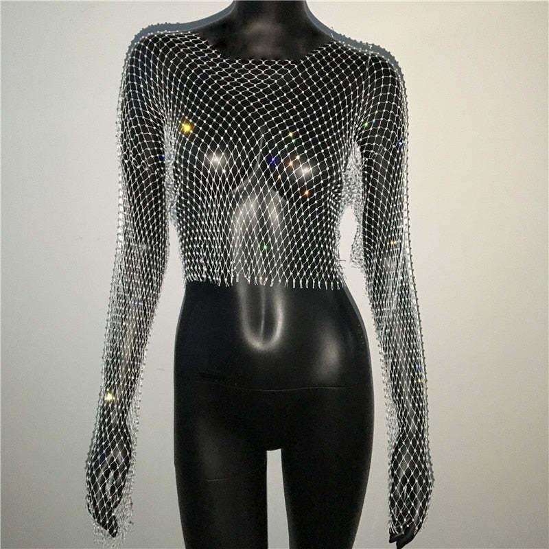 Fishnet Long Sleeve Top Mesh Rhinestone - Nioor