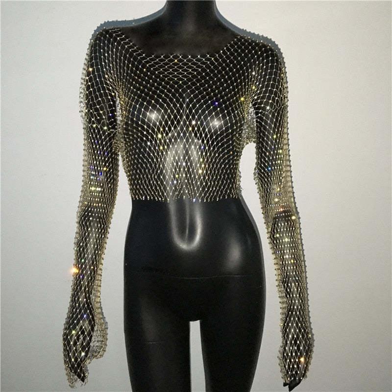 Fishnet Long Sleeve Top Mesh Rhinestone - Nioor