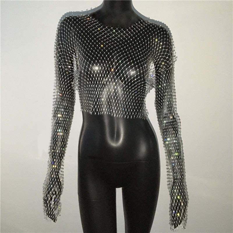 Fishnet Long Sleeve Top Mesh Rhinestone - Nioor