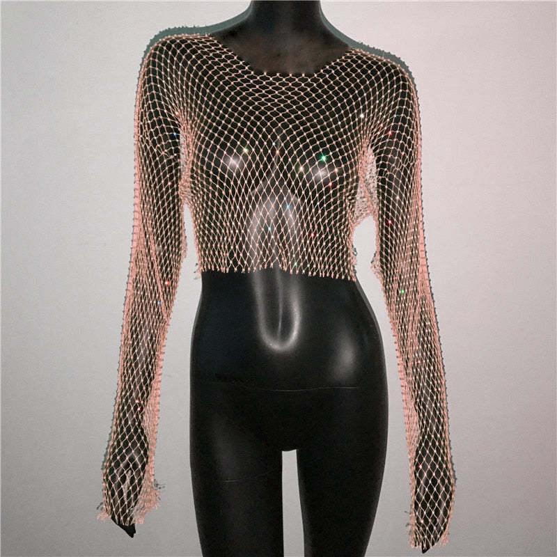 Fishnet Long Sleeve Top Mesh Rhinestone - Nioor