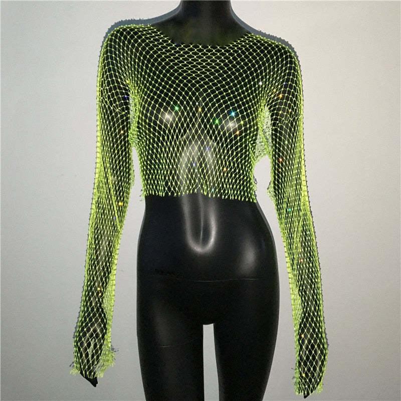 Fishnet Long Sleeve Top Mesh Rhinestone - Nioor