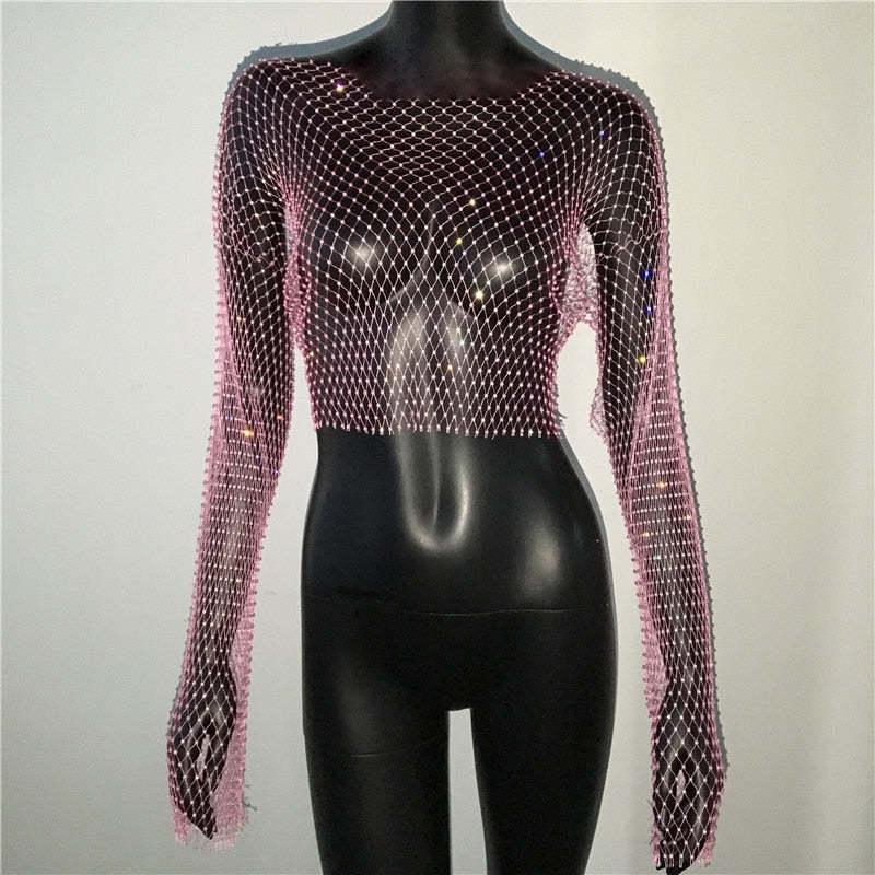 Fishnet Long Sleeve Top Mesh Rhinestone - Nioor