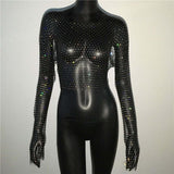 Fishnet Long Sleeve Top Mesh Rhinestone - Nioor