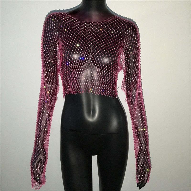 Fishnet Long Sleeve Top Mesh Rhinestone - Nioor