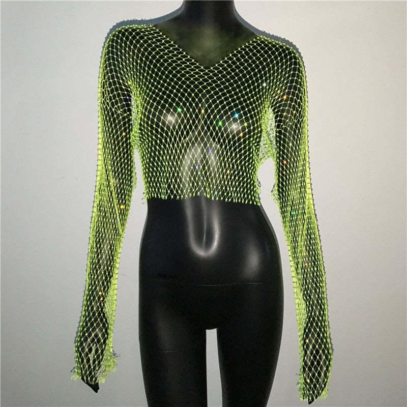 Fishnet Long Sleeve Top Mesh Rhinestone - Nioor