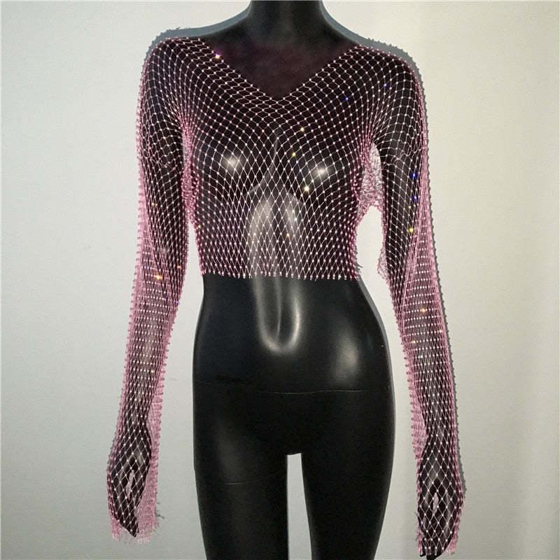 Fishnet Long Sleeve Top Mesh Rhinestone - Nioor