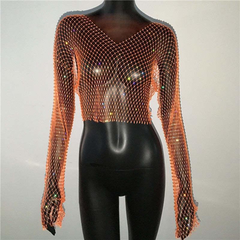 Fishnet Long Sleeve Top Mesh Rhinestone - Nioor