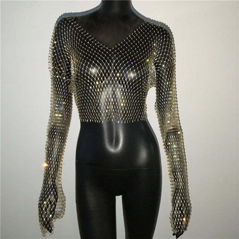 Fishnet Long Sleeve Top Mesh Rhinestone - Nioor