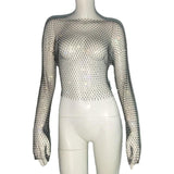 Fishnet Long Sleeve Top Mesh Rhinestone - Nioor