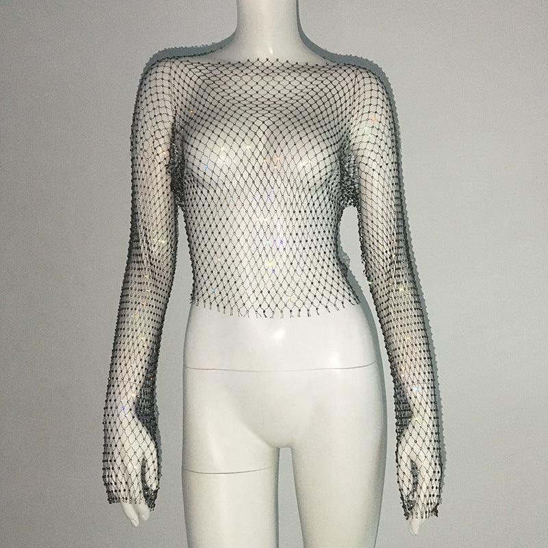 Fishnet Long Sleeve Top Mesh Rhinestone - Nioor