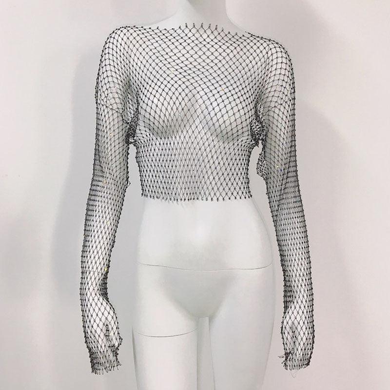 Fishnet Long Sleeve Top Mesh Rhinestone - Nioor