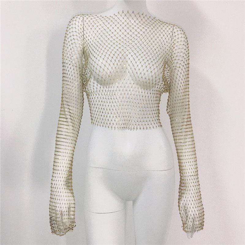 Fishnet Long Sleeve Top Mesh Rhinestone - Nioor