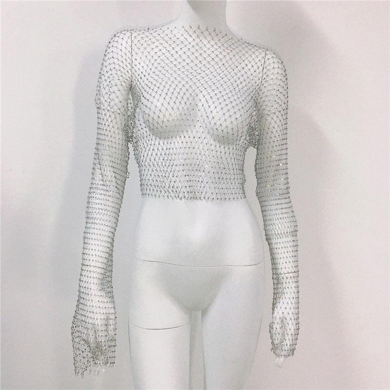 Fishnet Long Sleeve Top Mesh Rhinestone - Nioor