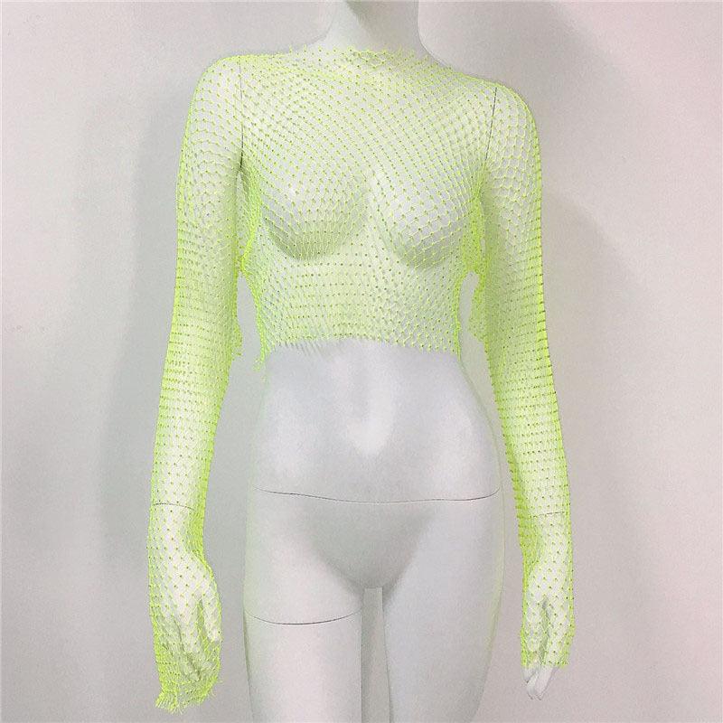 Fishnet Long Sleeve Top Mesh Rhinestone - Nioor