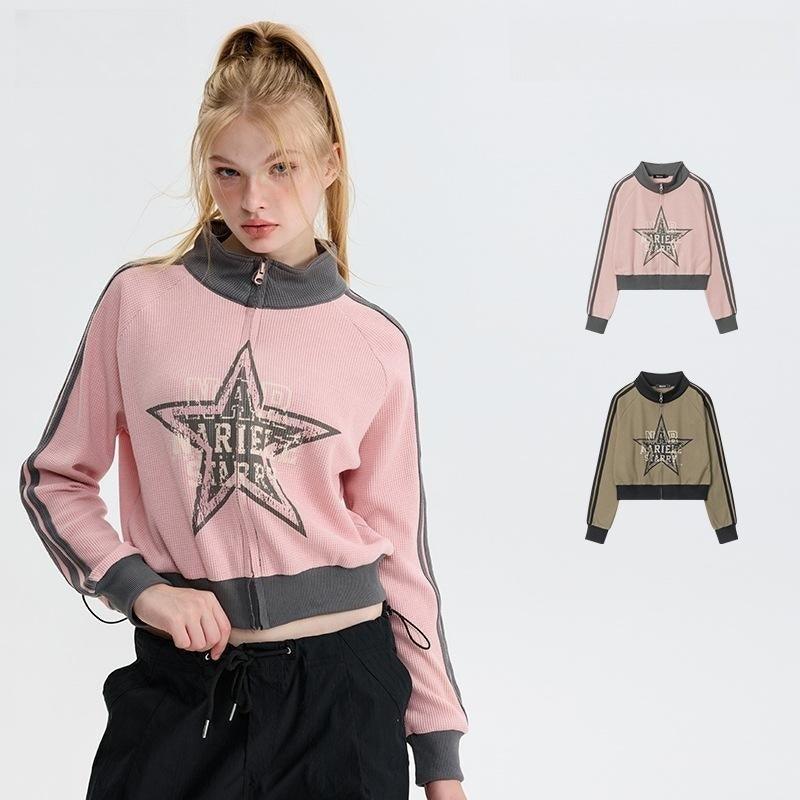 Five-pointed Star Pink American Retro Three-bar Sleeve Cardigan Stand Collar Sweater - Nioor