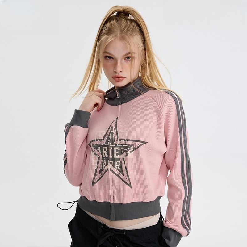 Five-pointed Star Pink American Retro Three-bar Sleeve Cardigan Stand Collar Sweater - Nioor