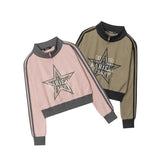 Five-pointed Star Pink American Retro Three-bar Sleeve Cardigan Stand Collar Sweater - Nioor