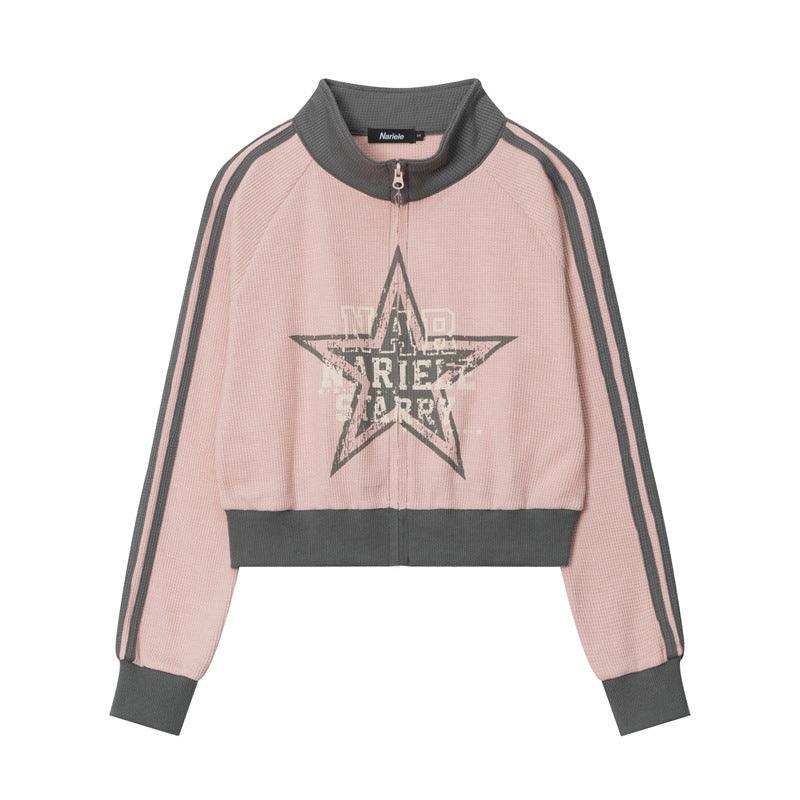 Five-pointed Star Pink American Retro Three-bar Sleeve Cardigan Stand Collar Sweater - Nioor