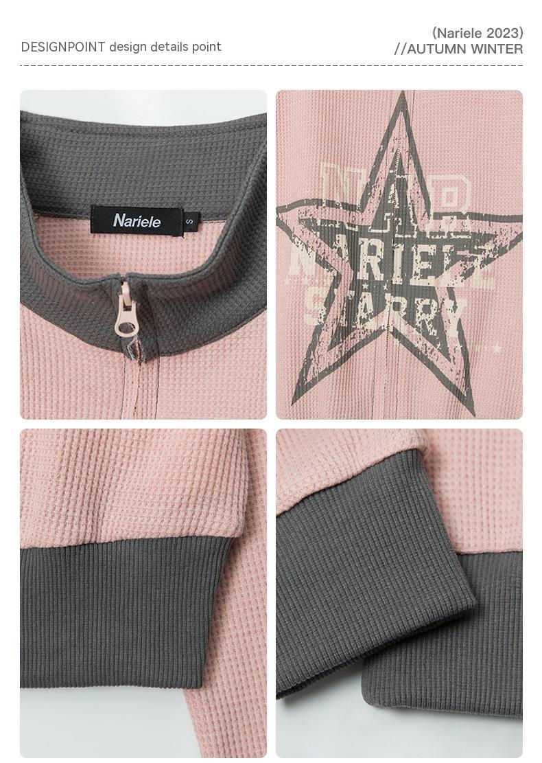 Five-pointed Star Pink American Retro Three-bar Sleeve Cardigan Stand Collar Sweater - Nioor