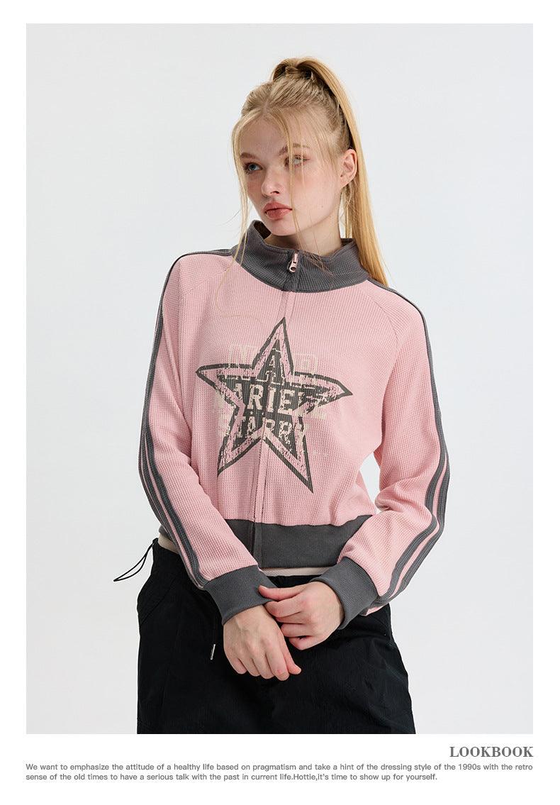 Five-pointed Star Pink American Retro Three-bar Sleeve Cardigan Stand Collar Sweater - Nioor