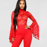 Flared Sleeve Lace See-Through Jumpsuit - Nioor