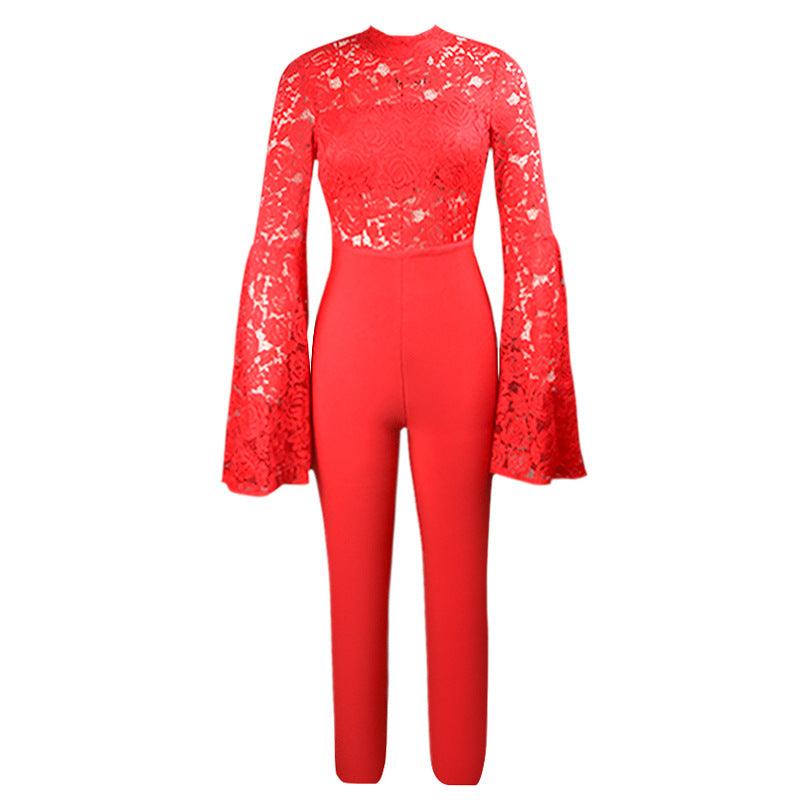 Flared Sleeve Lace See-Through Jumpsuit - Nioor