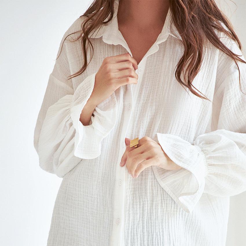 Flared Sleeves Long Sleeves Shirt Pure Cotton Leisure Commute Niche White - Nioor