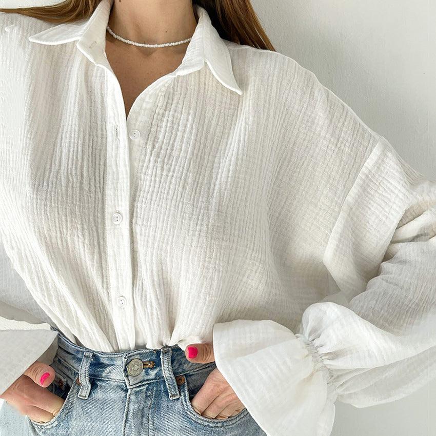 Flared Sleeves Long Sleeves Shirt Pure Cotton Leisure Commute Niche White - Nioor