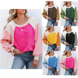 Fleece Lantern Sleeve Sweater Plush Contrast Color Long Sleeve Pullover Top - Nioor