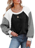 Fleece Lantern Sleeve Sweater Plush Contrast Color Long Sleeve Pullover Top - Nioor