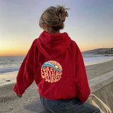 Fleece-lined Sunset Print Kangaroo Pocket Drawstring Hoodie - Nioor